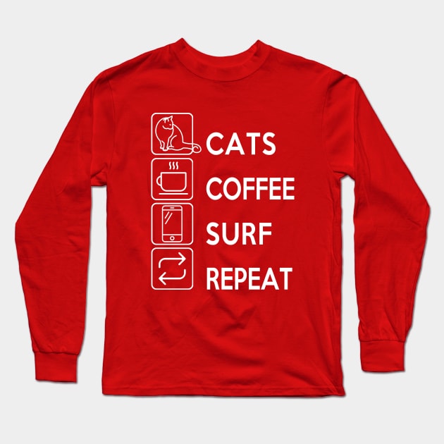 Cats Coffee Surf Repeat Long Sleeve T-Shirt by Electrovista